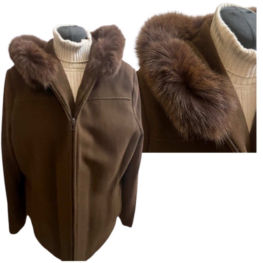 Preston & York Wool Coat with Fox Fur Hood  XL  Brown Trench Coat Warm Size XL